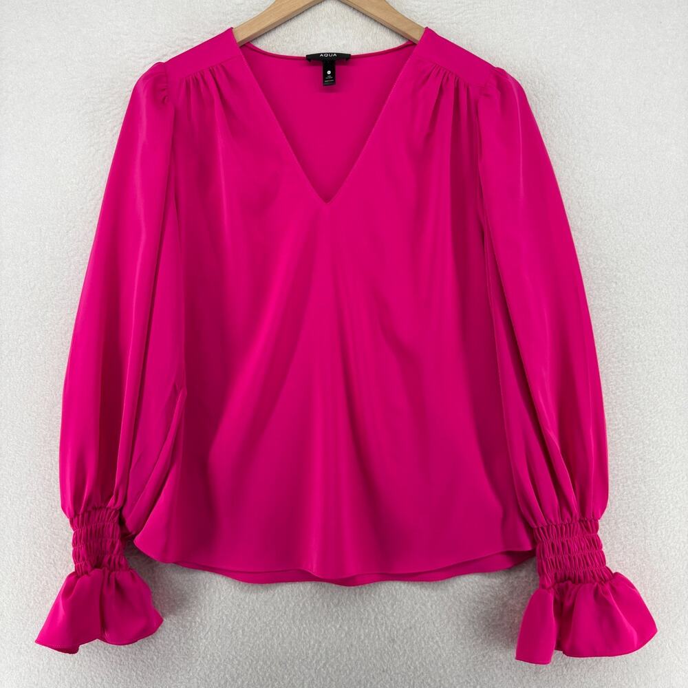 AQUA Blouse M V-Neck Ruffled Gathered Smocked Cuffs Balloon Sleeve Pink